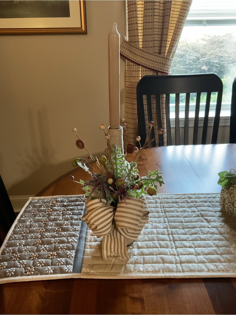 Neutral Striped Table Centerpiece with Cream Candle
